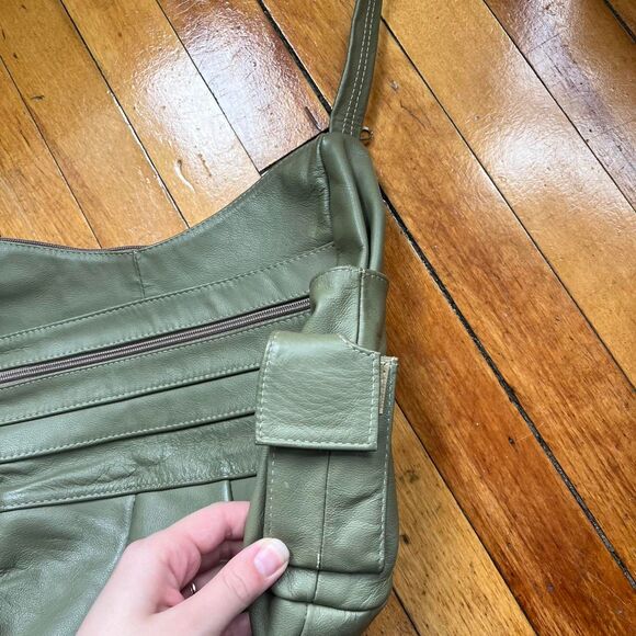 Genuine Leather Shoulder Bag Women's Khaki and Green Purse - Picture 2 of 5